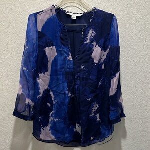 Diane Von Furstenberg Blue Abstract Blouse 3/4 Sleeve Size 0 100% Silk Shell